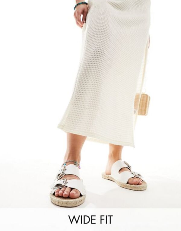 エイソス レディース サンダル シューズ ASOS DESIGN Wide Fit Jada double buckle espadrille sandals in white WHITEの通販は