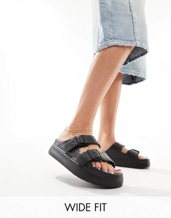 エイソス レディース サンダル シューズ ASOS DESIGN Wide Fit Freestyle flatform double buckle sandals in black Black