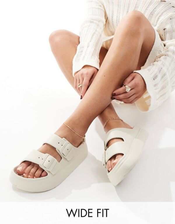 エイソス レディース サンダル シューズ ASOS DESIGN Wide Fit Freestyle flatform double buckle sandals in off-white Off-white