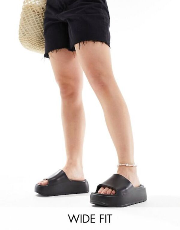 エイソス レディース サンダル シューズ ASOS DESIGN Wide Fit Freedom cleated flatform slides in black Black