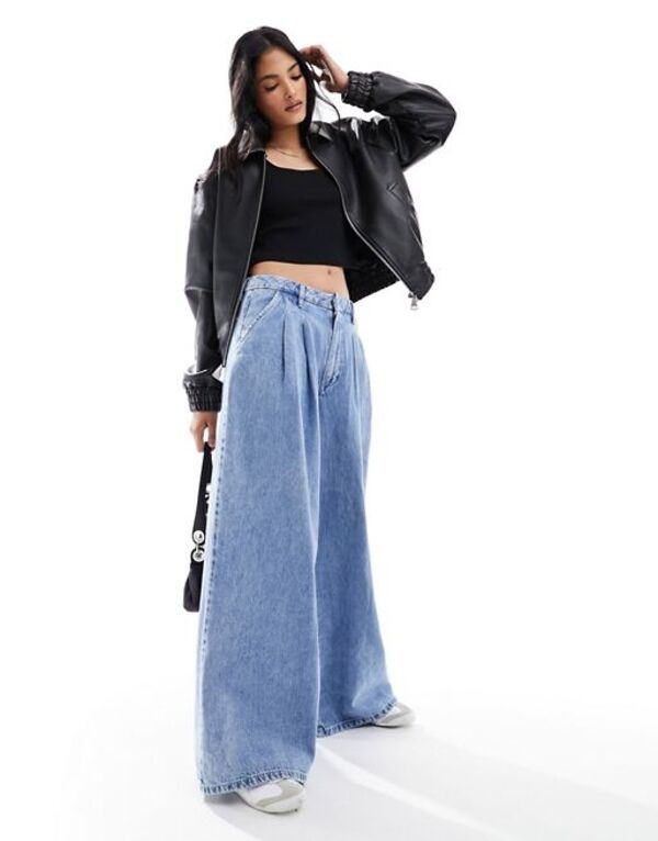 エイソス レディース デニムパンツ ボトムス ASOS DESIGN super wide leg pleated jeans in tinted wash BLUE