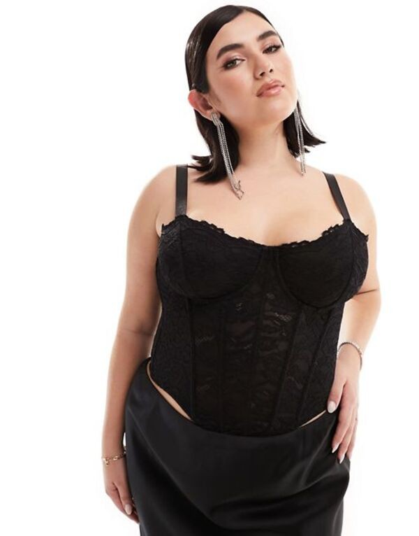 エイソス レディース シャツ トップス ASOS DESIGN Curve boned lace corset with cup detail in black Black