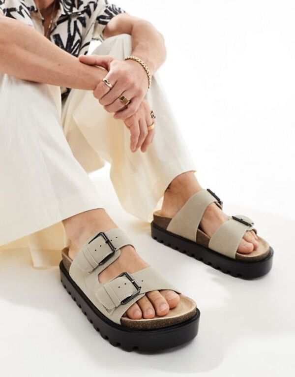 エイソス メンズ サンダル シューズ ASOS DESIGN double strap sandals in stone with chunky sole STONEの通販は 15,980円
