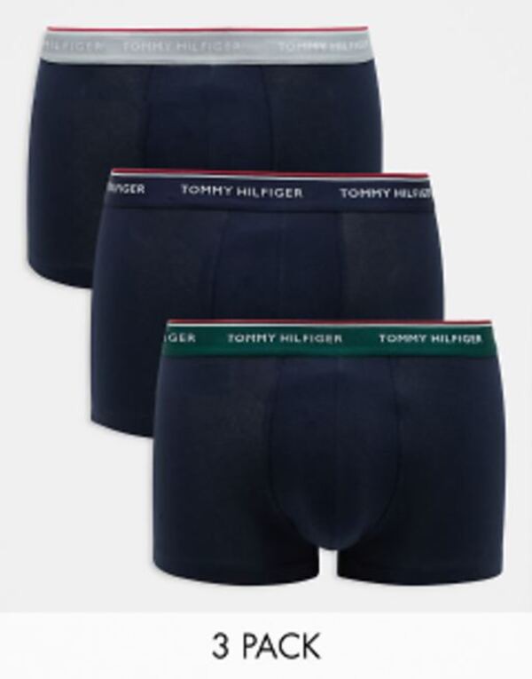 トミー ヒルフィガー メンズ トランクス アンダーウェア Tommy Hilfiger premium essentials 3 pack trunks in navy with colored waistb