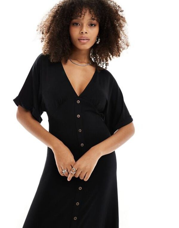 エイソス レディース ワンピース トップス ASOS DESIGN roll sleeve button front midi tea dress in black Black