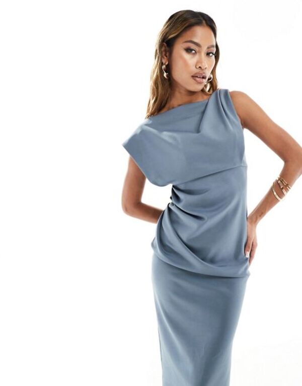 エイソス レディース ワンピース トップス ASOS DESIGN asymmetric high neck minimal midi dress in slate blue Grayの通販は 16,045円
