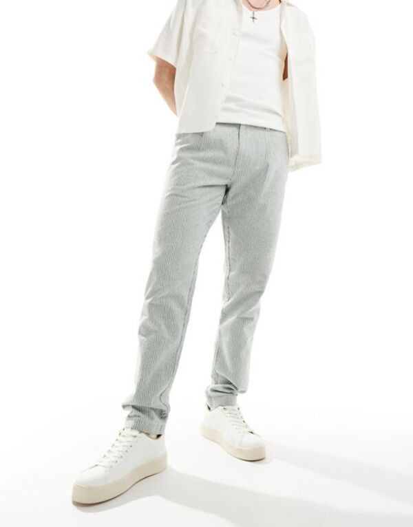 エイソス メンズ カジュアルパンツ ボトムス ASOS DESIGN relaxed striped linen pants in green Greenの通販は
