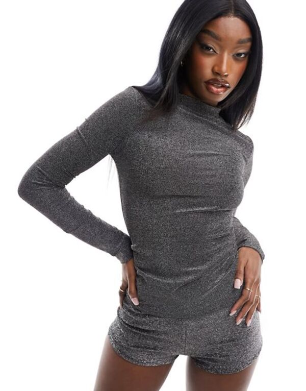 エイソス レディース シャツ トップス ASOS DESIGN crew neck base layer top in black glitter Black Glitterの通販は 6,783円