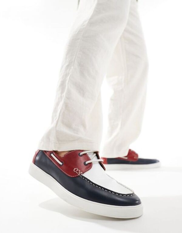 エイソス メンズ デッキシューズ シューズ ASOS DESIGN lace up boat shoes in navy suede with red and white details Multi