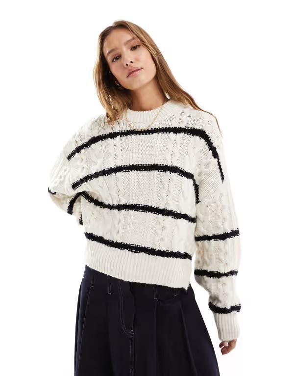 エイソス レディース ニット・セーター アウター ASOS DESIGN crew neck cable sweater in cream stripe Cream stripeの通販は