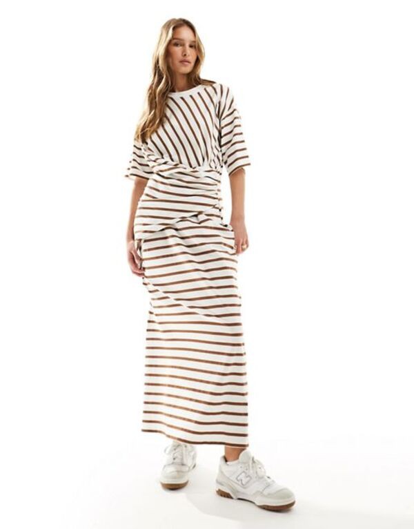 エイソス レディース ワンピース トップス ASOS DESIGN short sleeve with twist detail midaxi dress in cream and brown stripe STRIPEの通販は