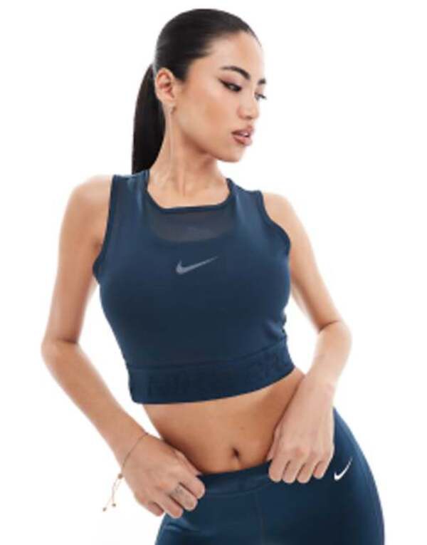 ナイキ レディース タンクトップ トップス Nike Pro Training Mesh tank in navy and white NAVY