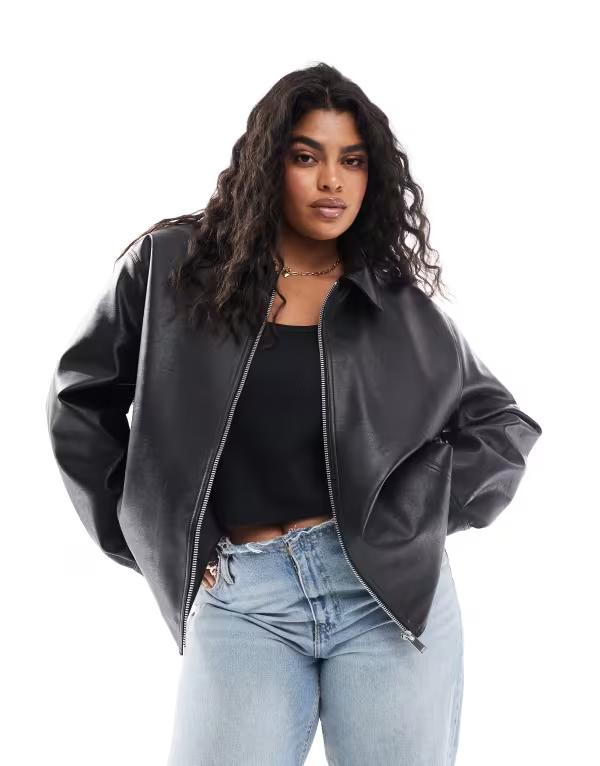 エイソス (ASOS DESIGN) レディース レザージャケット アウター Asos Design Longline Oversized Faux Leather Biker Jacket In Black (ブラック) エイソス ASOS asos ASOS DESIGN チョコレート色のレザー風トールカー