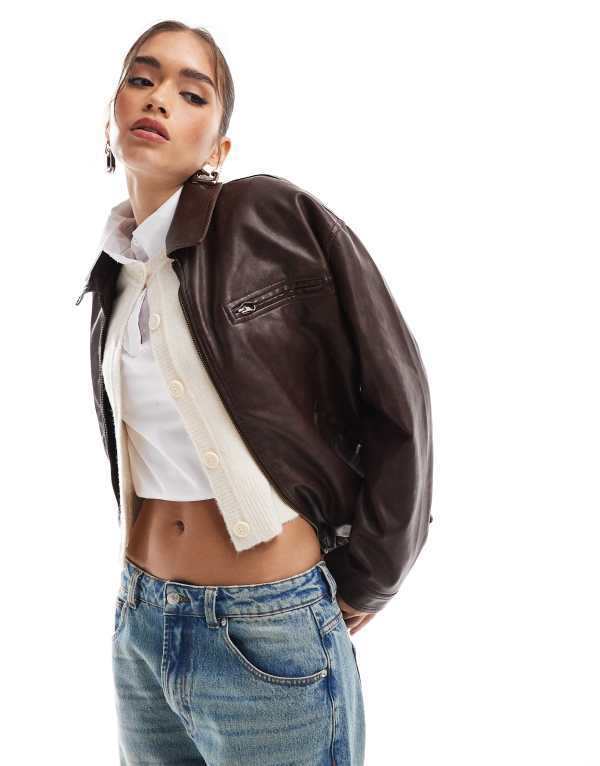 エイソス レディース ジャケット・ブルゾン アウター ASOS DESIGN leather look top collar jacket in burgundy Burgundy