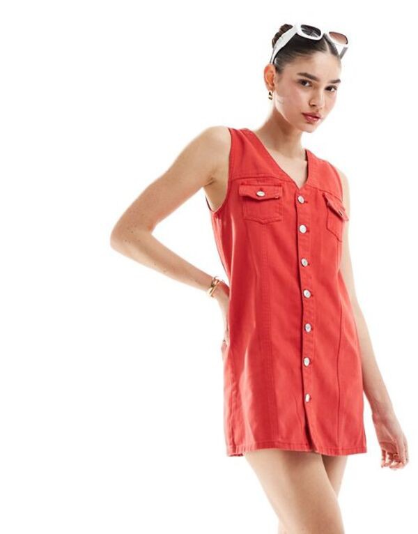 エイソス レディース ワンピース トップス ASOS DESIGN button up denim vest mini dress in red redの通販は