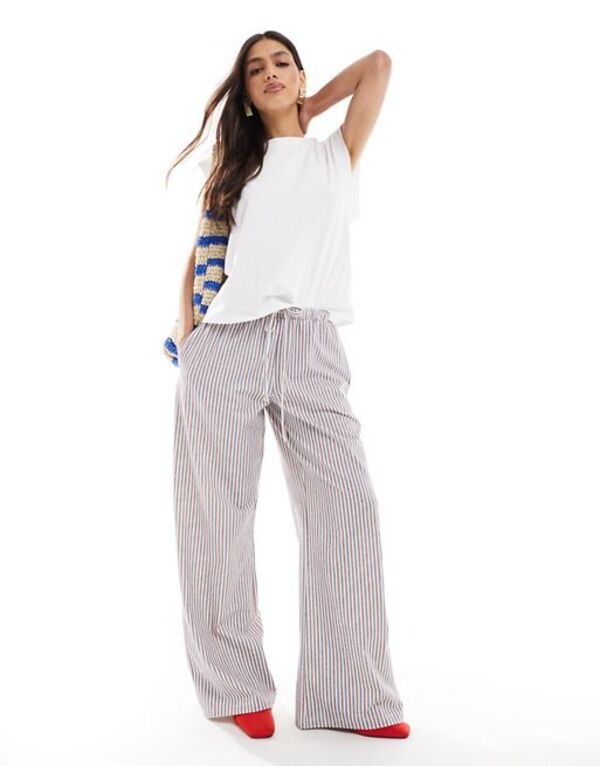 エイソス レディース カジュアルパンツ ボトムス ASOS DESIGN tie waist wide leg pants in Nautical Stripe Nautical stripe