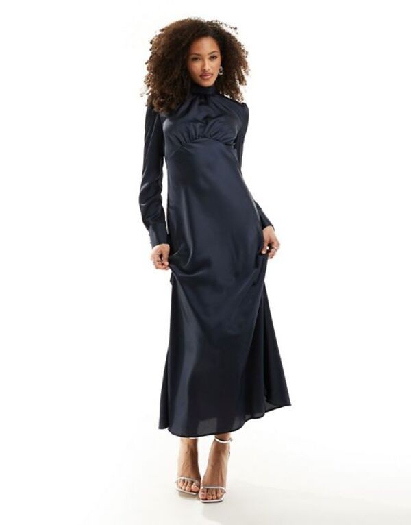 エイソス レディース ワンピース トップス ASOS DESIGN high neck maxi satin tea dress in navy NAVY