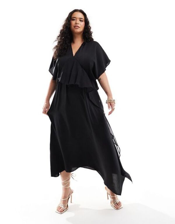 エイソス レディース ワンピース トップス ASOS DESIGN Curve satin asym frill detail midi dress in black Black