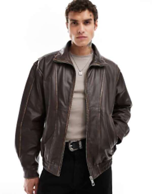 エイソス メンズ ジャケット・ブルゾン アウター ASOS DESIGN premium real leather harrington jacket with funnel neck in brown BROWN