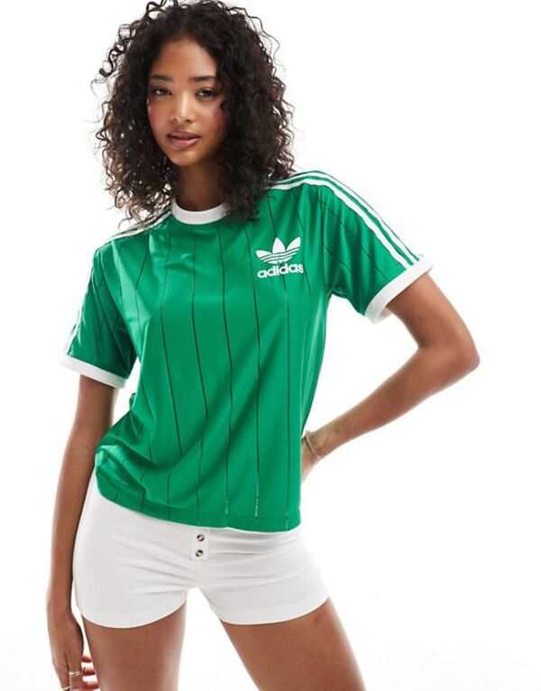 アディダス レディース Tシャツ トップス adidas Originals Adicolor 3 stripe t-shirt in green GREEN