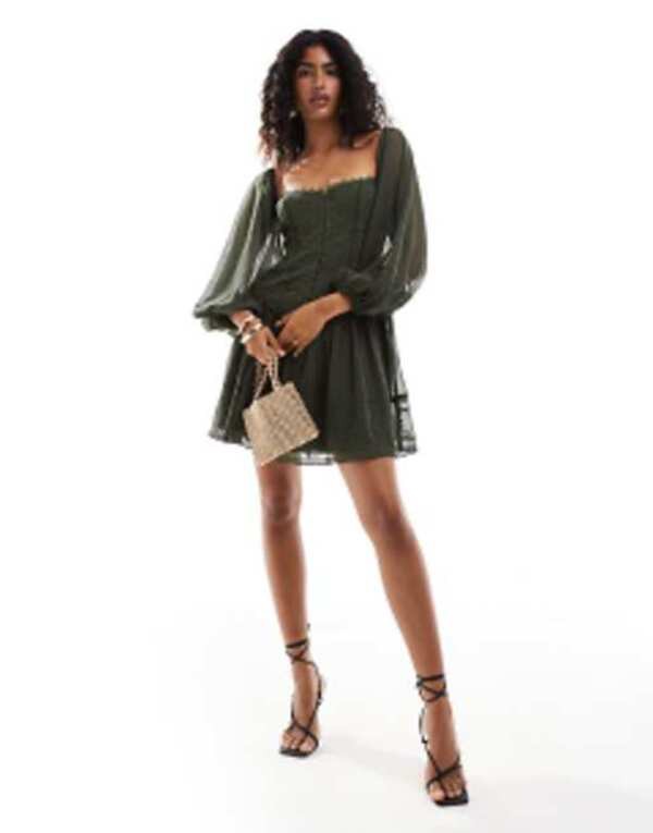 エイソス レディース ワンピース トップス ASOS DESIGN lace insert embroidered drop waist mini dress in forest green FOREST GREEN