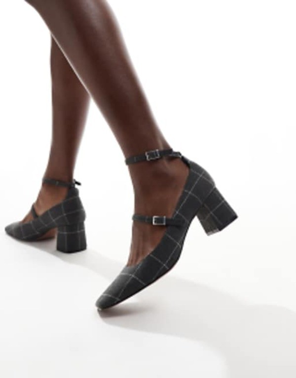 エイソス レディース スリッポン・ローファー シューズ ASOS DESIGN Sheldon mary jane mid block heeled shoes in gray check Gray checの通販は