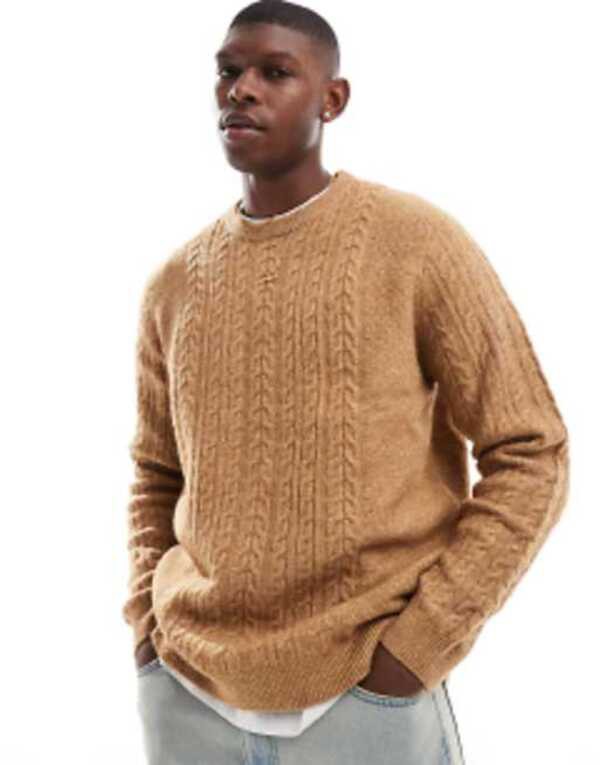 エイソス メンズ ニット・セーター アウター ASOS DESIGN relaxed slouchy crew neck cable knit sweater in tan TAN