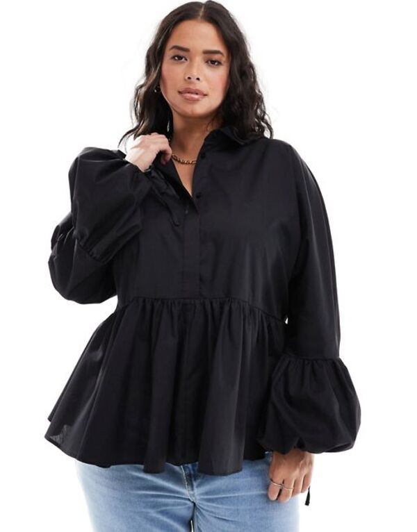 エイソス レディース シャツ トップス ASOS DESIGN Curve dropped waist peplum shirt in black Black