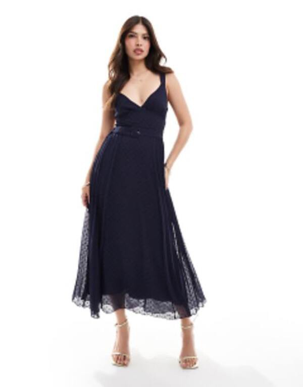 エイソス レディース ワンピース トップス ASOS DESIGN plunge front pleated midi dress with waist belt in navy NAVY