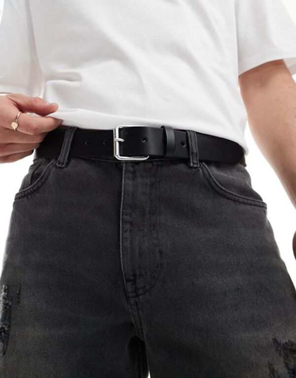 エイソス メンズ ベルト アクセサリー ASOS DESIGN leather belt with burnished silver roller buckle in black Black