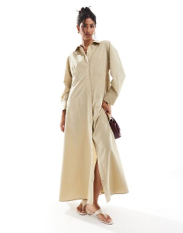 エイソス レディース ワンピース トップス ASOS DESIGN oversized double point waist seam maxi shirt dress in camel CAMEL