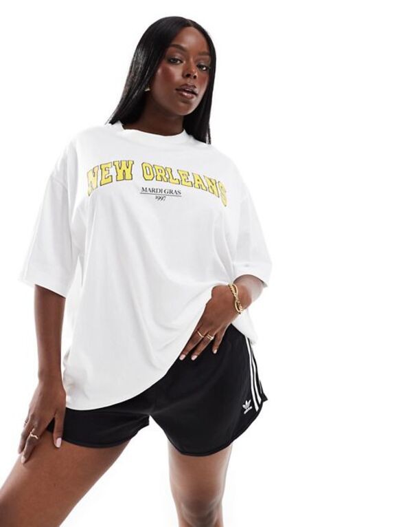エイソス レディース Tシャツ トップス ASOS DESIGN Curve boyfriend fit t-shirt with new orleans graphic in white WHITEの通販は