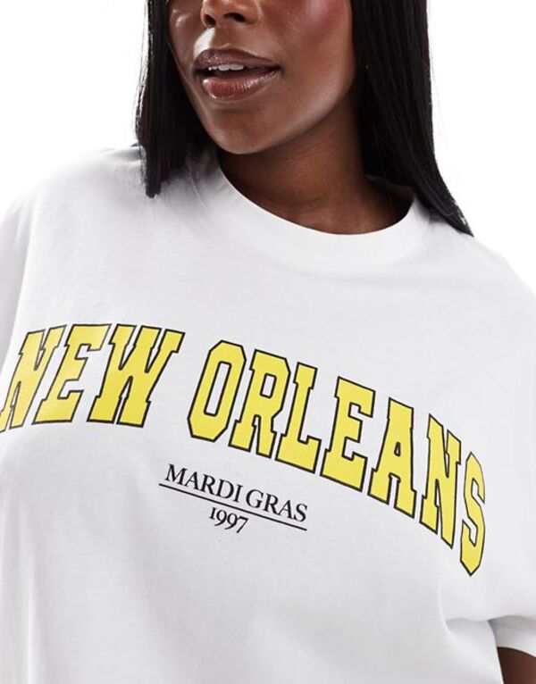 エイソス レディース Tシャツ トップス ASOS DESIGN Curve boyfriend fit t-shirt with new orleans graphic in white WHITEの通販は