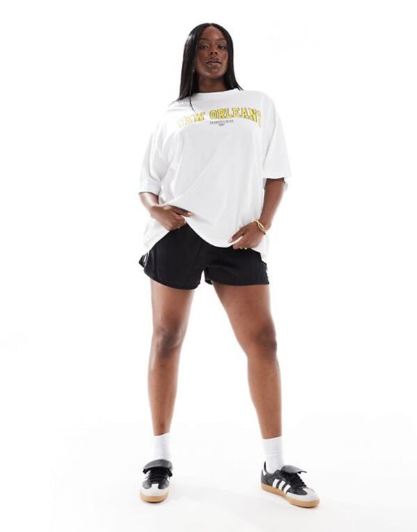 エイソス レディース Tシャツ トップス ASOS DESIGN Curve boyfriend fit t-shirt with new orleans graphic in white WHITEの通販は