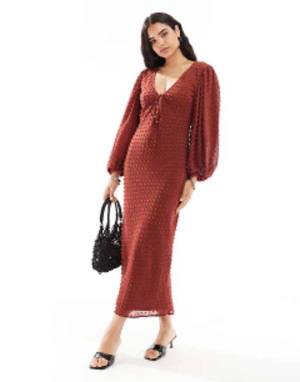 エイソス レディース ワンピース トップス ASOS DESIGN textured balloon sleeve midi dress in rust RUST