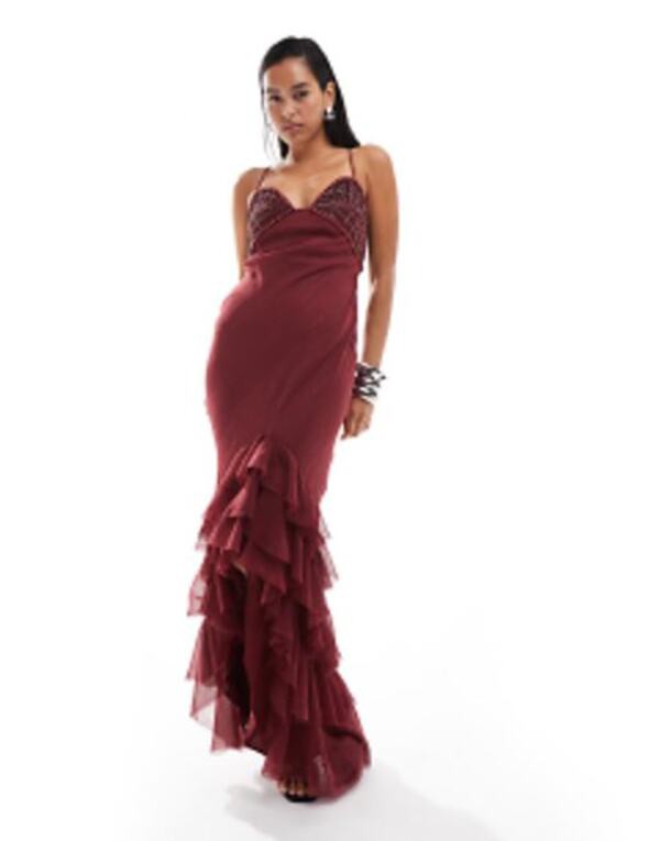 エイソス レディース ワンピース トップス ASOS DESIGN halter maxi dress with embellished bodice and ruffle hem detail in burgundy