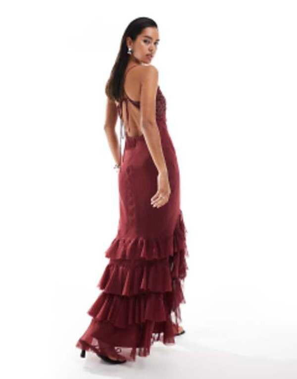 エイソス レディース ワンピース トップス ASOS DESIGN halter maxi dress with embellished bodice and ruffle hem detail in burgundy