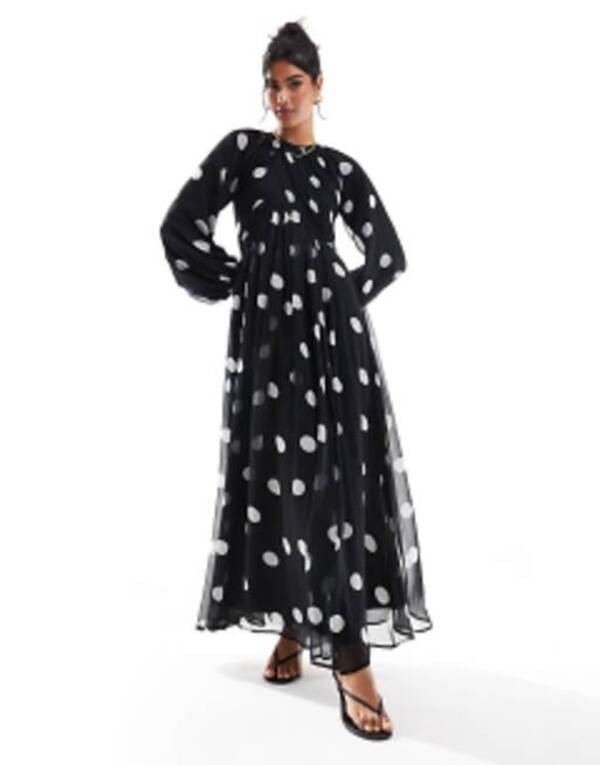 エイソス レディース ワンピース トップス ASOS DESIGN wrap bodice balloon sleeve maxi dress in black spot print Black polka dot