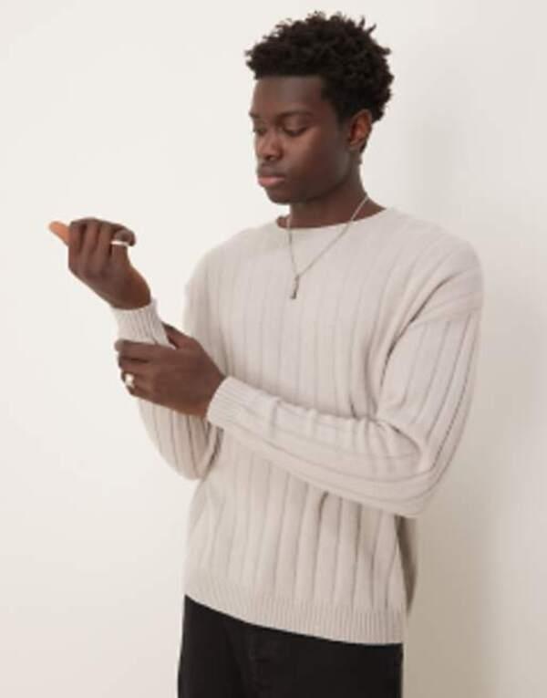 エイソス メンズ ニット・セーター アウター ASOS DESIGN relaxed knit lambswool mix wide ribbed sweater in light gray LIGHT GRAYの通販は