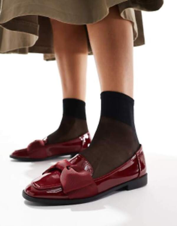 エイソス レディース サンダル シューズ ASOS DESIGN Wide Fit Mentor bow loafer flat shoes in burgundy patent Burgundy