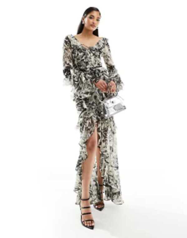 エイソス レディース ワンピース トップス ASOS DESIGN long sleeve ruffle maxi dress with lace inserts in mono floral print Floral