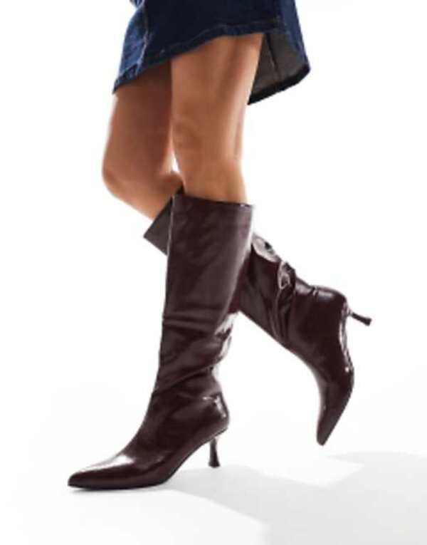 エイソス レディース ブーツ・レインブーツ シューズ ASOS DESIGN Crimson pull-on kitten heeled knee boots in burgundy Burgundy pate