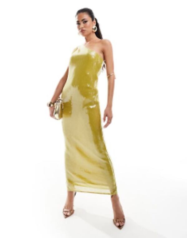 エイソス レディース ワンピース トップス ASOS DESIGN sheer sequin one shoulder midi dress in chartreuse Chartreuse