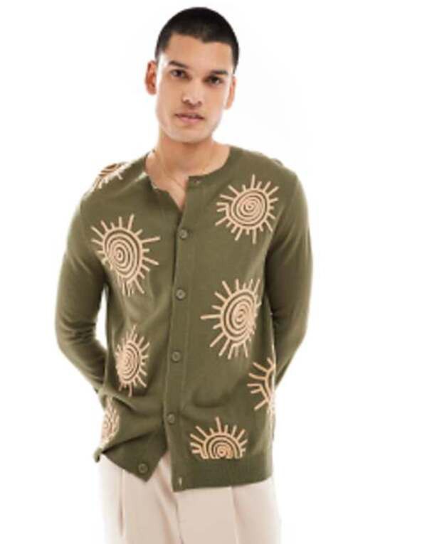 エイソス メンズ カーディガン アウター ASOS DESIGN knit cardigan in khaki with sun embroidery Khaki