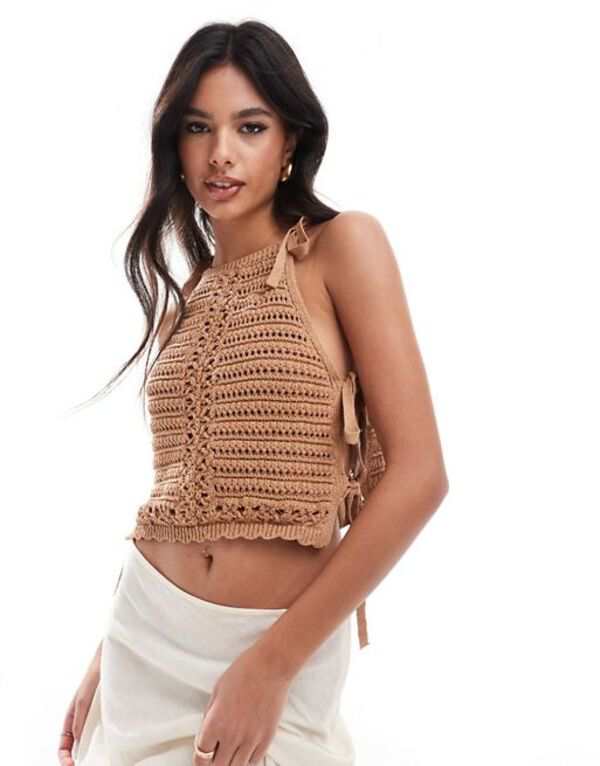 エイソス レディース シャツ トップス ASOS DESIGN halter neck knit top with tie side detail in mocha Mochaの通販は 9,480円