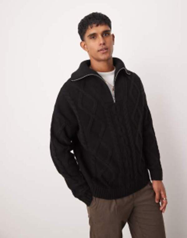 エイソス メンズ ニット・セーター アウター ASOS DESIGN oversized heavyweight knitted wool mix cable quarter zip sweater in blackの通販は