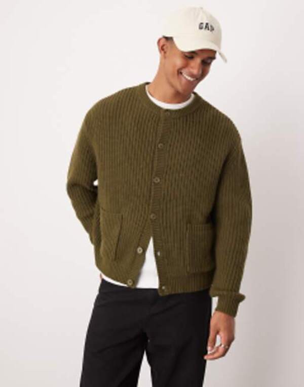 エイソス メンズ カーディガン アウター ASOS DESIGN oversized heavyweight knitted wool mix crew neck cardigan in khaki Khaki