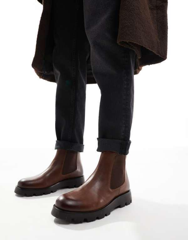 エイソス メンズ ブーツ・レインブーツ シューズ ASOS DESIGN chelsea boots in tan leather with cleated sole Tan