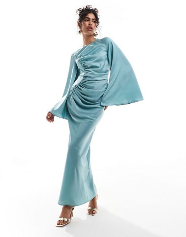 エイソス レディース ワンピース トップス ASOS DESIGN satin long sleeve ruched maxi dress in blue BLUE