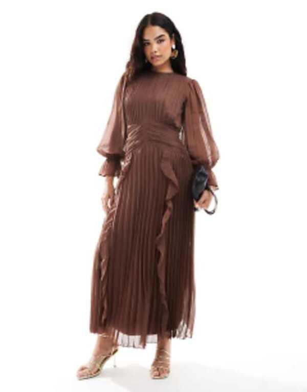 エイソス レディース ワンピース トップス ASOS DESIGN high neck ruched belt detail maxi dress in chocolate Chocolate